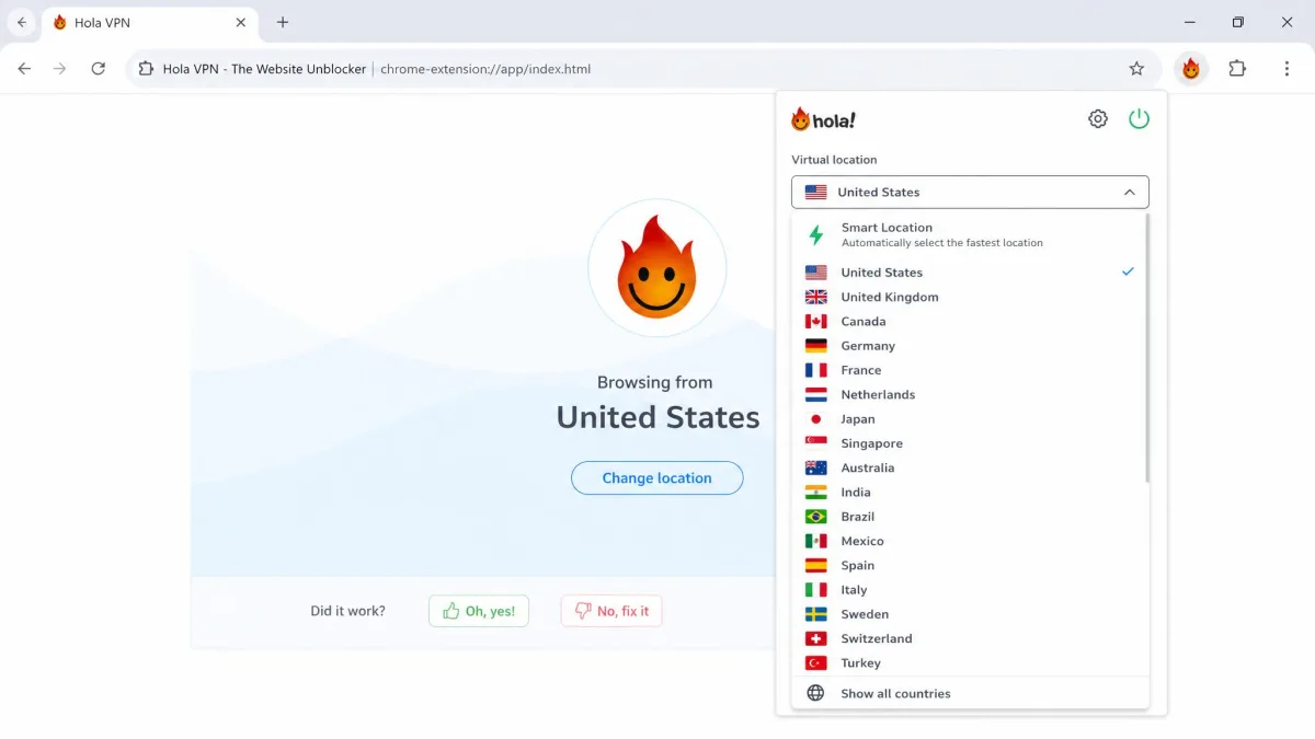 Hola VPN's country selection dropdown open in a browser, showing a long list of available virtual locations with flag icons.