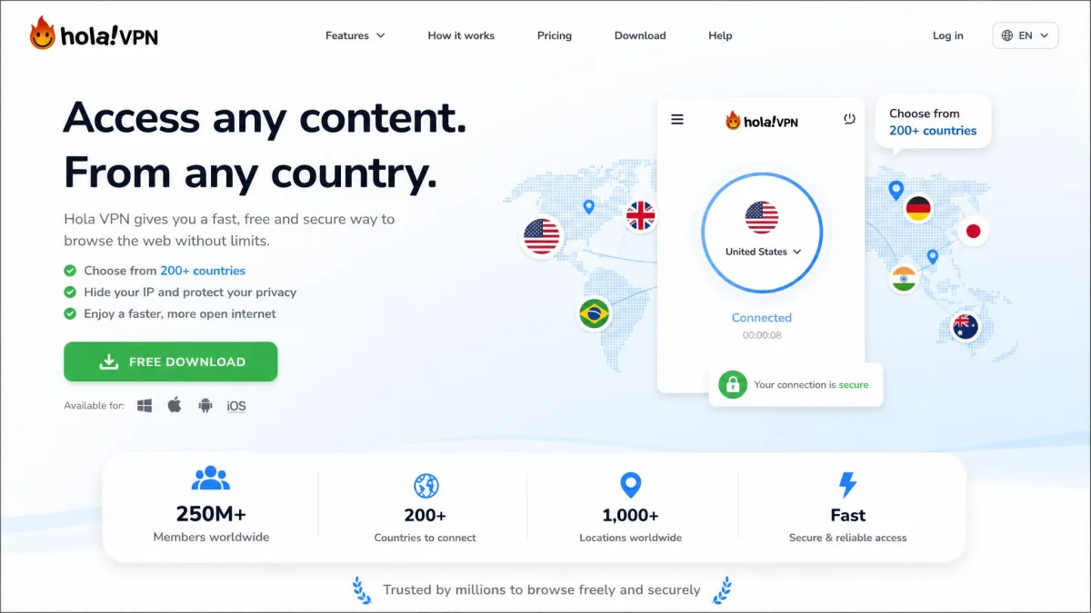 The Hola VPN homepage showing the free download button, the country-selection promise, and marketing claims about members and supported locations.
