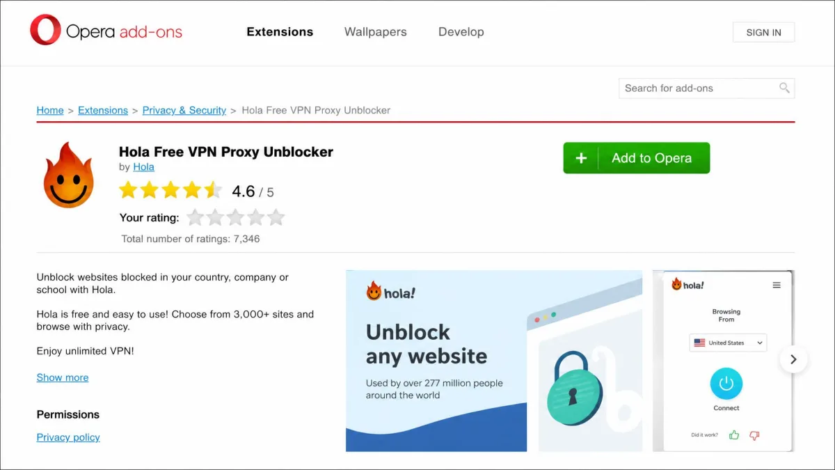 The Hola Free VPN Proxy Unblocker listing in the Opera add-ons store, showing the Add to Opera button and the star rating.