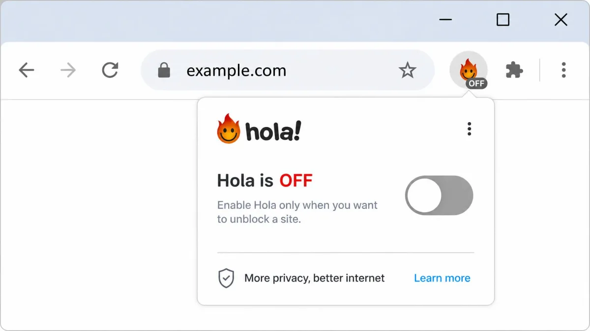 A browser toolbar showing the Hola extension toggled off, illustrating the habit of disabling it when not actively unblocking a site.
