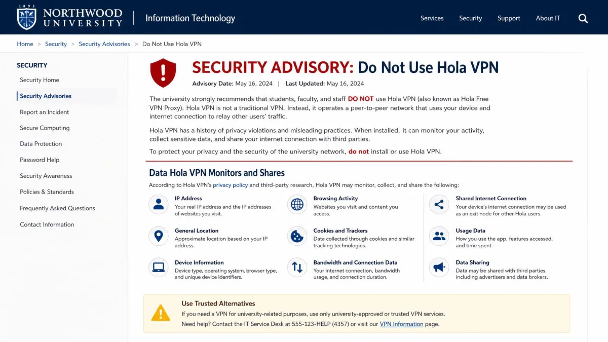 A university IT security advisory web page warning against Hola VPN and listing the data it monitors and shares.