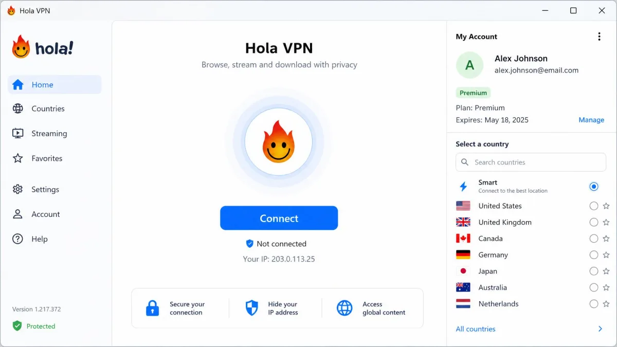The Hola VPN Windows desktop application showing the connect button, a country list, and the account panel for a signed-in user.