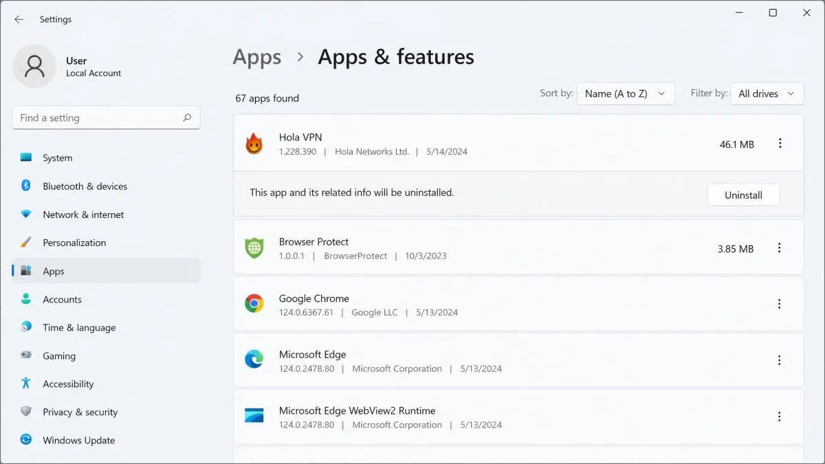 The Windows Apps and Features settings screen with Hola VPN selected and the Uninstall button visible, plus a leftover Browser Protect entry in the list.