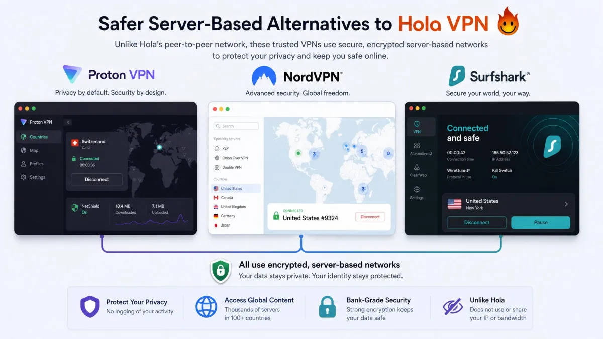 Logos and connect screens of Proton VPN, NordVPN, and Surfshark shown together as safer server-based alternatives to Hola.