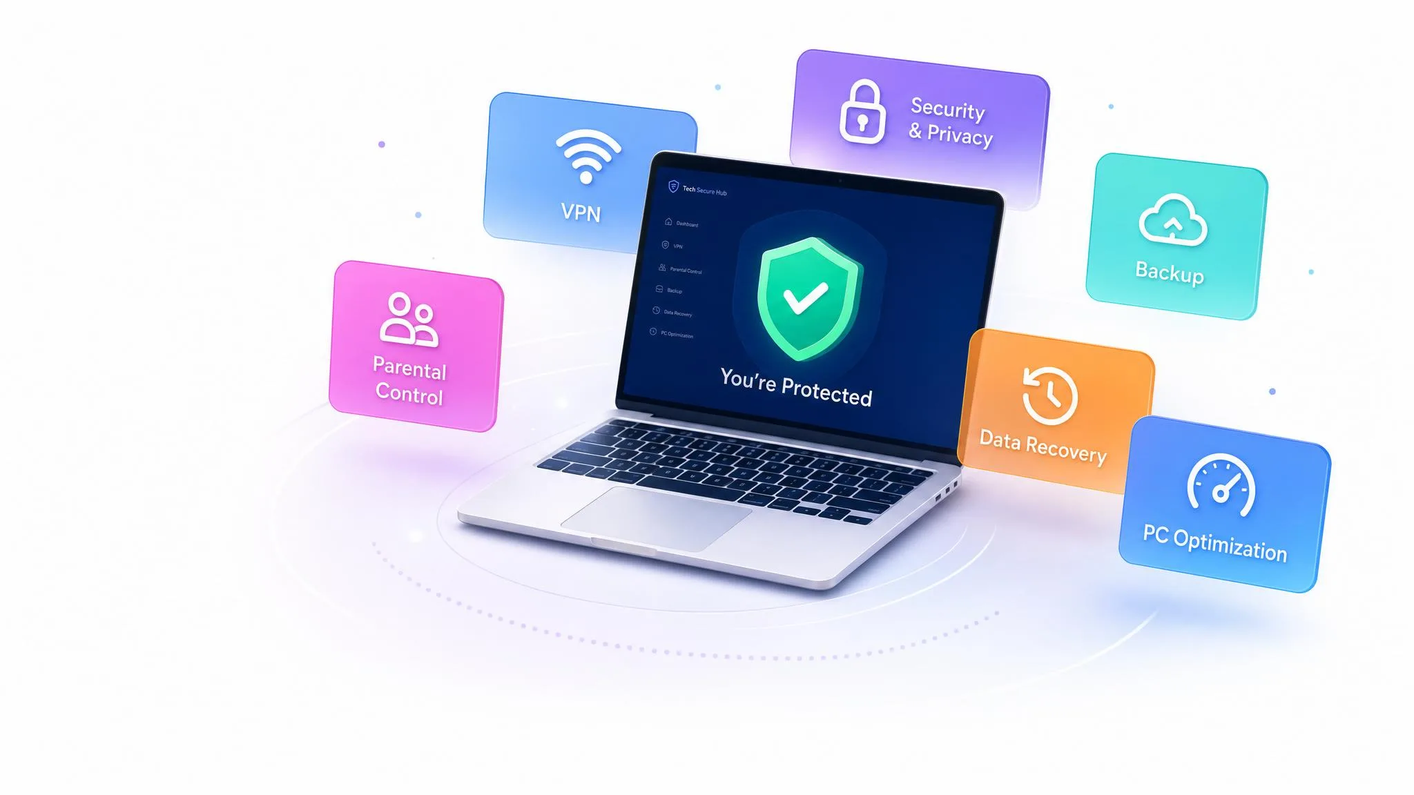 Laptop showing a green protection shield surrounded by floating tiles Security & Privacy, Parental Control, Backup, Data Recovery, and PC Optimization