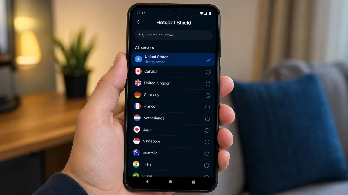 Hotspot Shield Android app showing the country server list with a search bar at the top and a nearby server highlighted, on a phone held in one hand.