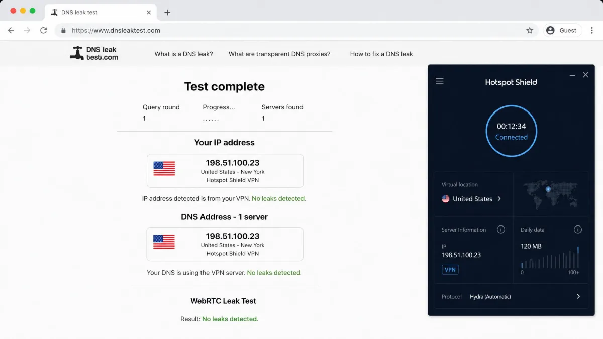 A browser-based DNS and IP leak test showing only the VPN server's address while Hotspot Shield is connected, illustrating the app's leak protection on a paid connection.