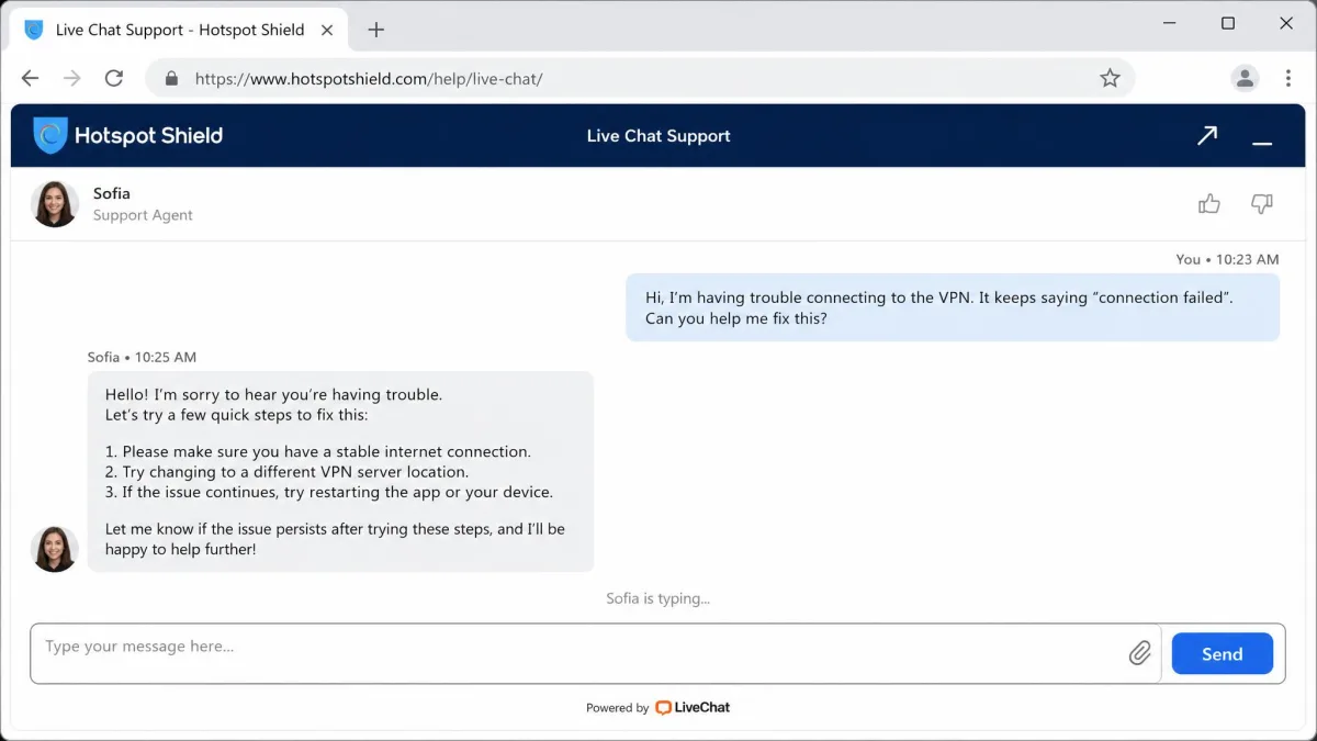 Hotspot Shield live chat support window open in a browser, showing a customer question and a support agent reply within the same session.