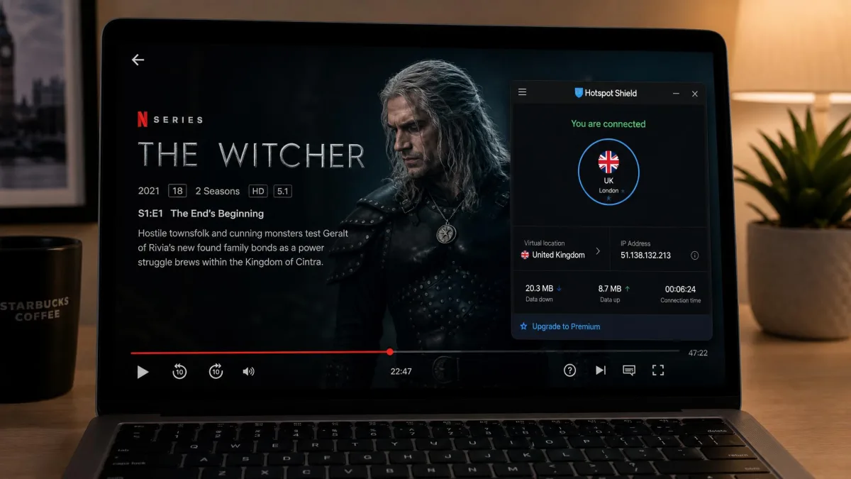 Laptop screen showing a Netflix title playing while Hotspot Shield is connected to a UK server, with the VPN app visible in a small window confirming the active connection.
