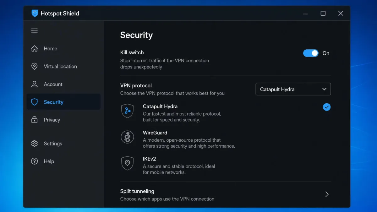 Hotspot Shield desktop settings panel open to the security section, with the kill switch toggle enabled and the protocol selection menu showing Catapult Hydra.