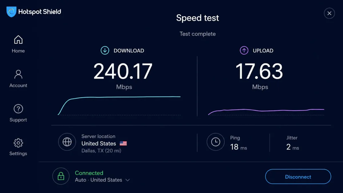 Speed test result screen with Hotspot Shield connected to a nearby US server, showing a download figure around 240 Mbps next to a much lower upload figure on a home fiber connection.