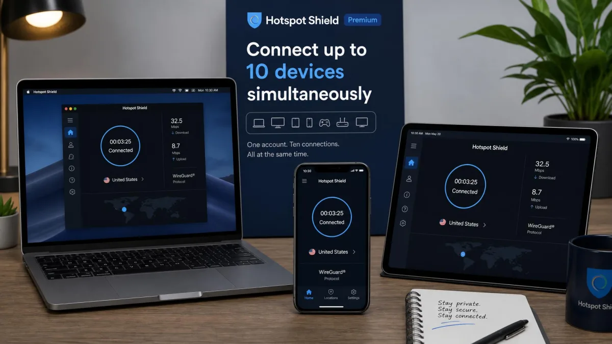 A laptop, phone, and tablet on a desk all running the Hotspot Shield app connected at once, illustrating the ten simultaneous device connections on a Premium plan.