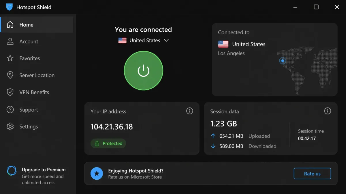 Hotspot Shield Windows app connected to a US server, showing the large connect button turned green, the current IP address, and the session data counter in the main dashboard.