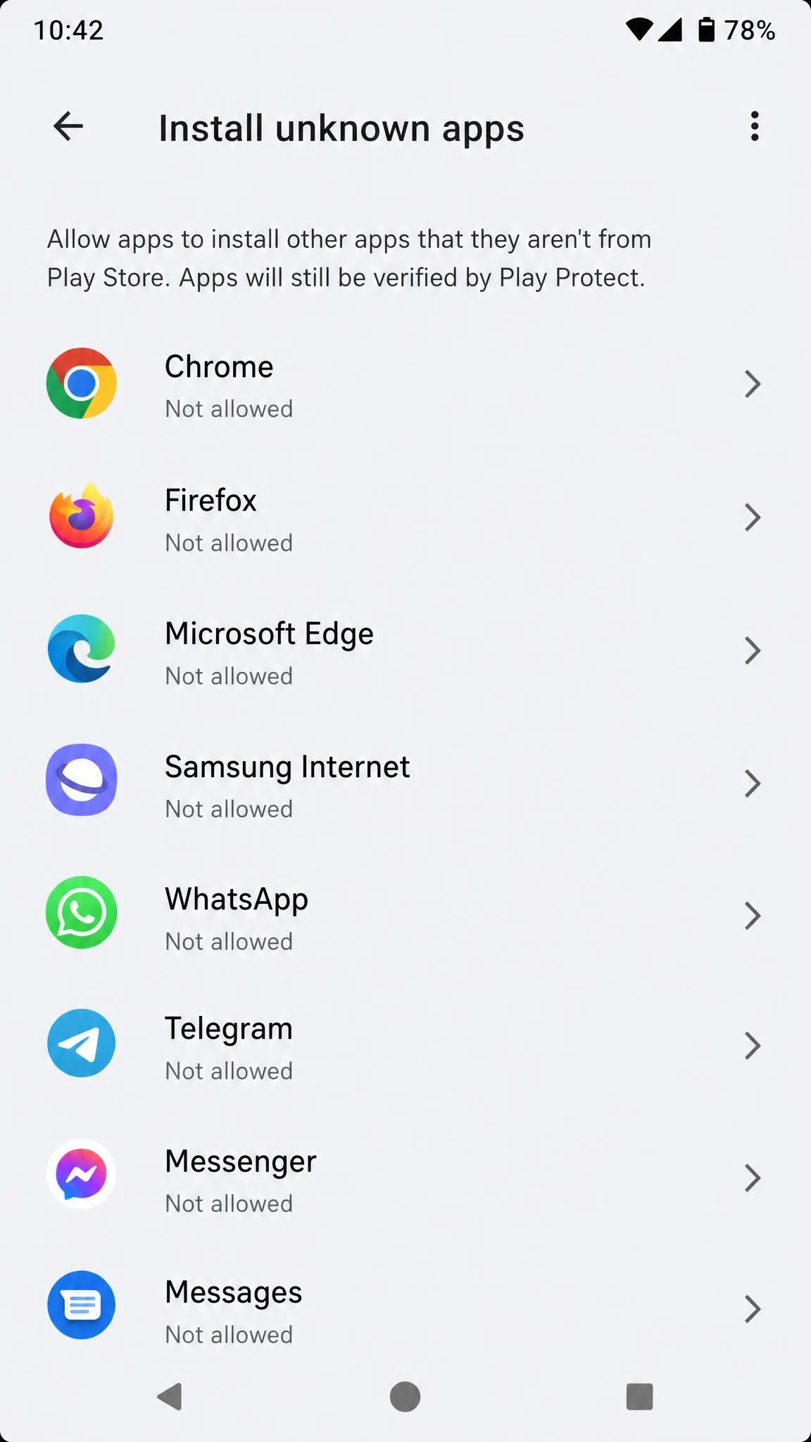 Android Settings special app access screen showing the Install unknown apps list, with browsers and messaging apps set to denied.