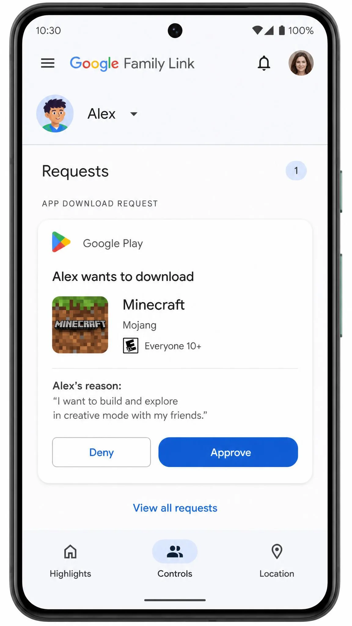 Google Family Link app on a parent's phone showing a child's Google Play download request with Approve and Deny buttons.