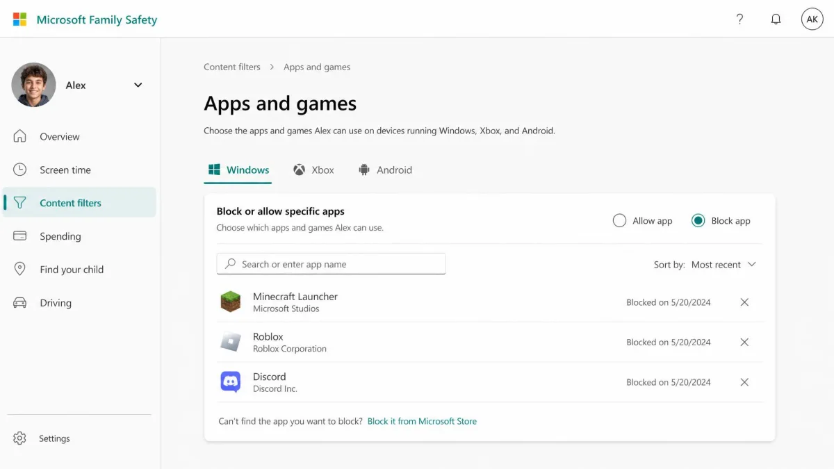 Microsoft Family Safety web page showing the Apps and games block list for a family member, with Block app selected on the Windows tab.