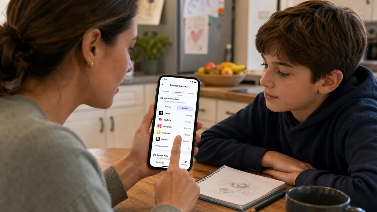 Parent reviewing app restrictions on a child's smartphone at a kitchen table, with the parental controls menu open on the phone and the child watching.