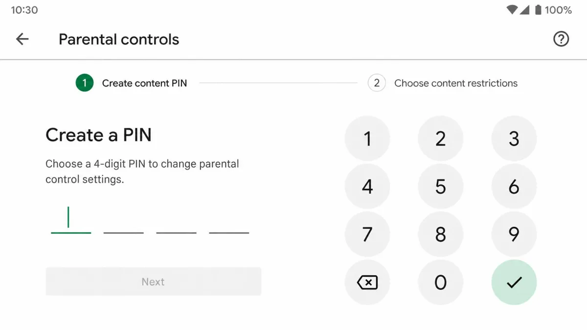 Google Play Store parental controls setup screen asking for a four-digit PIN before choosing content restriction levels.