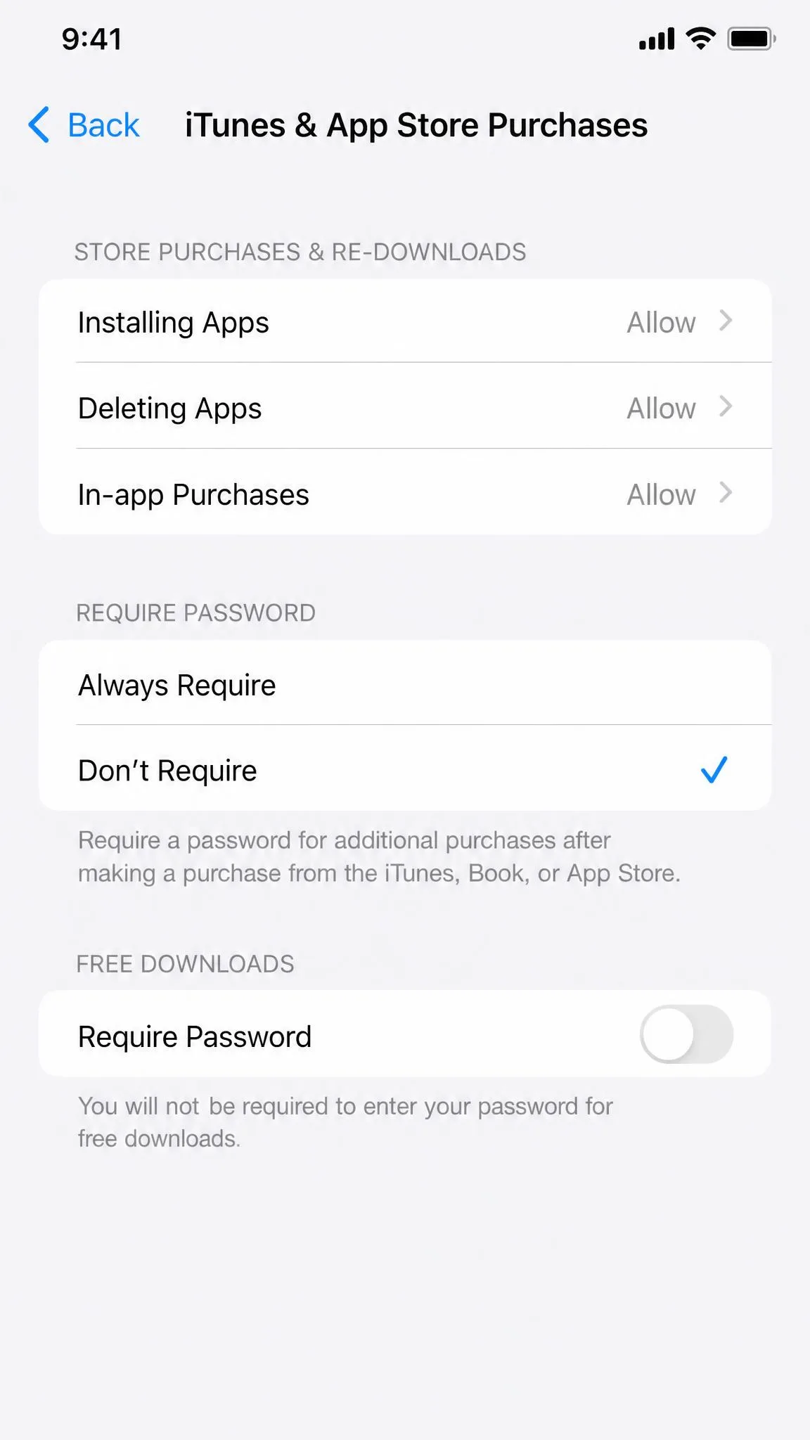 iPhone Settings screen showing Screen Time with Content & Privacy Restrictions enabled and the iTunes & App Store Purchases row open.