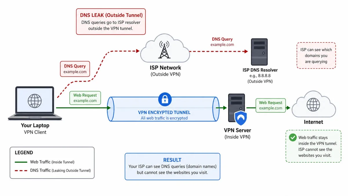 Diagram showing a laptop connected to a VPN encrypted tunnel, with DNS queries incorrectly escaping to the ISP resolver outside the tunnel while web traffic stays inside it.