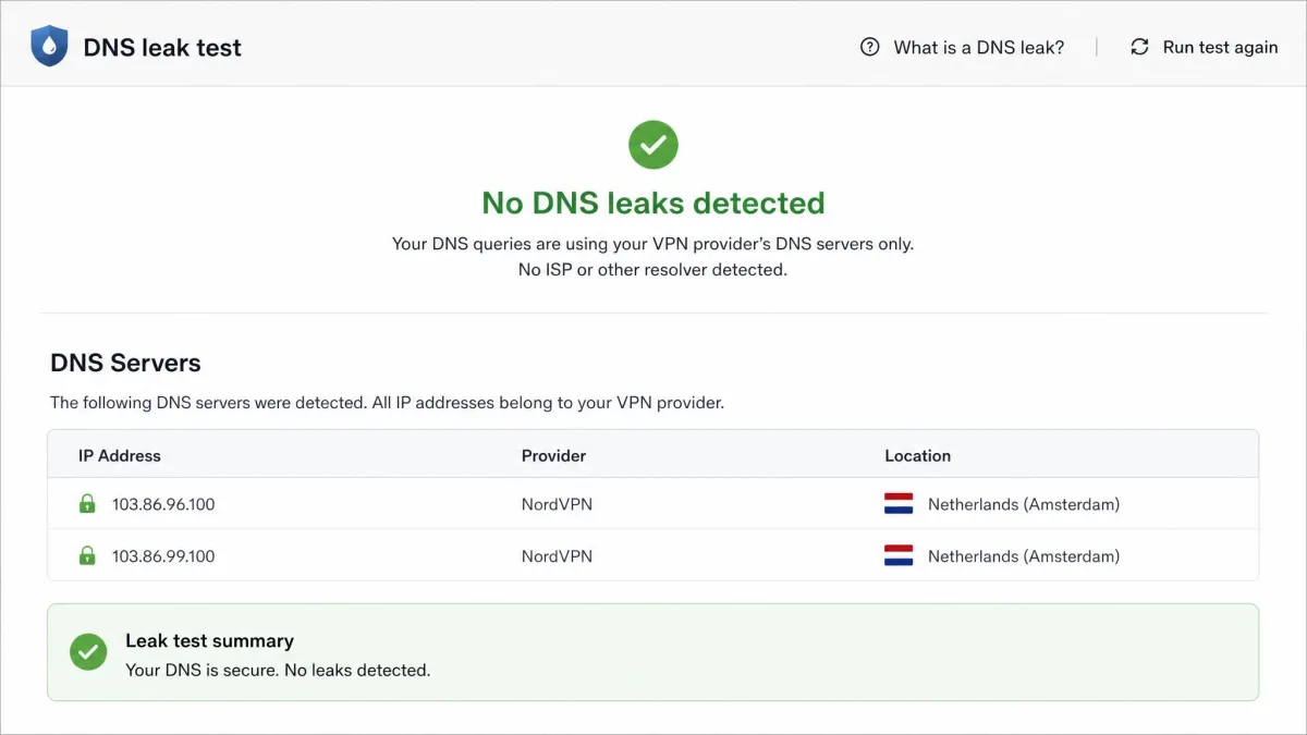 A DNS leak test results page listing only the VPN provider's DNS servers, confirming no ISP resolver appears and the leak is fixed.