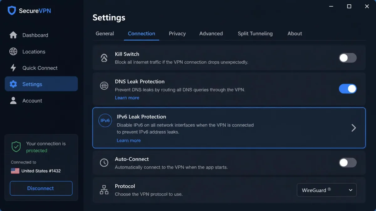 A VPN desktop app settings panel with the DNS leak protection toggle switched on and an IPv6 leak protection option highlighted below it.
