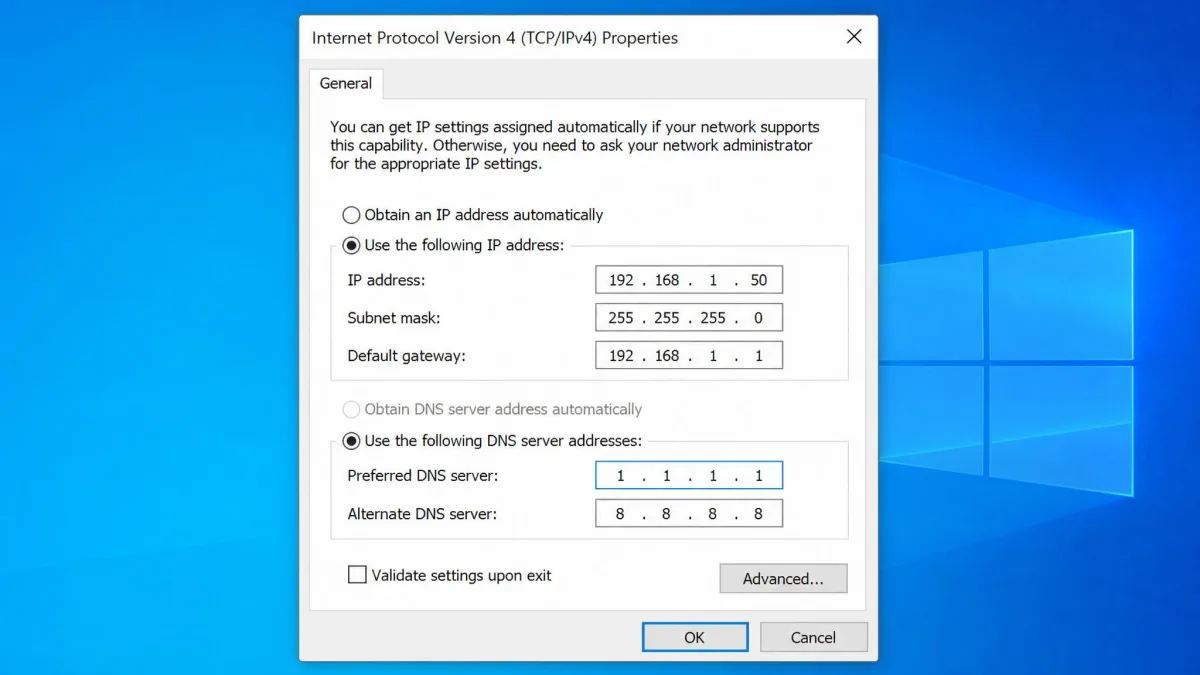 Windows network adapter IPv4 properties dialog with a trusted DNS server address entered in the preferred DNS server field.