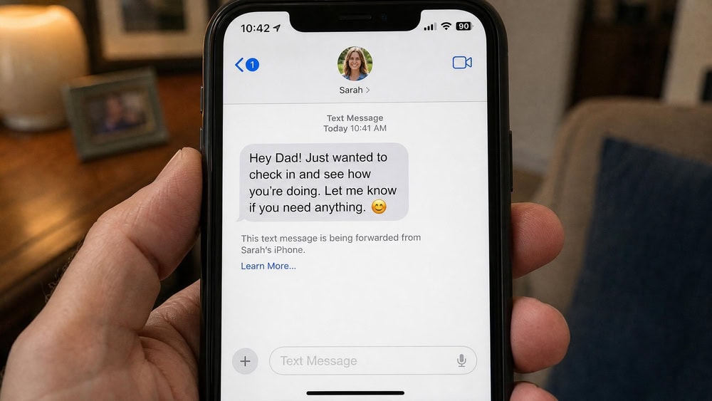An iPhone Messages app open on a parent's phone showing an incoming SMS thread mirrored from a family member's iPhone via Text Message Forwarding.