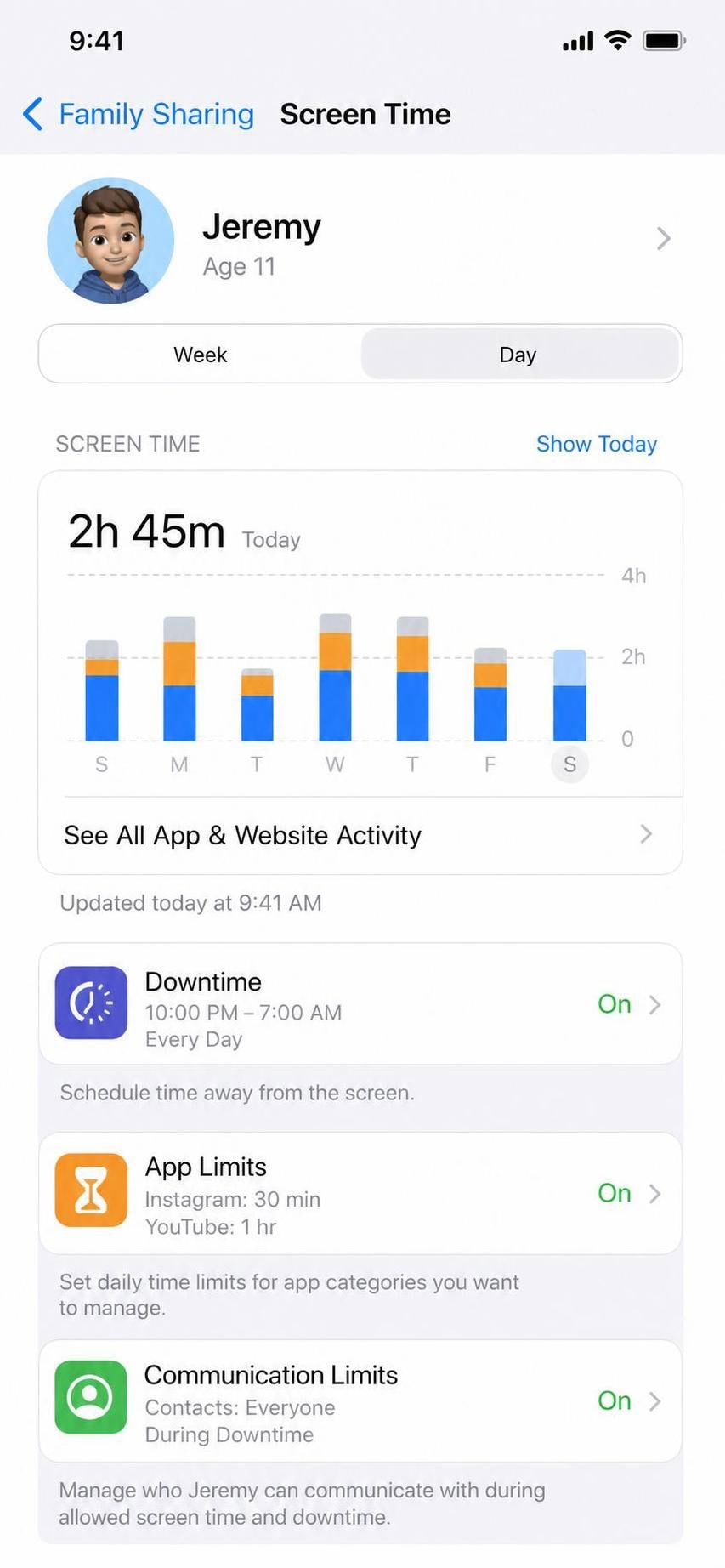 iPhone Screen Time settings within Family Sharing showing a child's account with downtime, app limits, and communication limits sections visible.