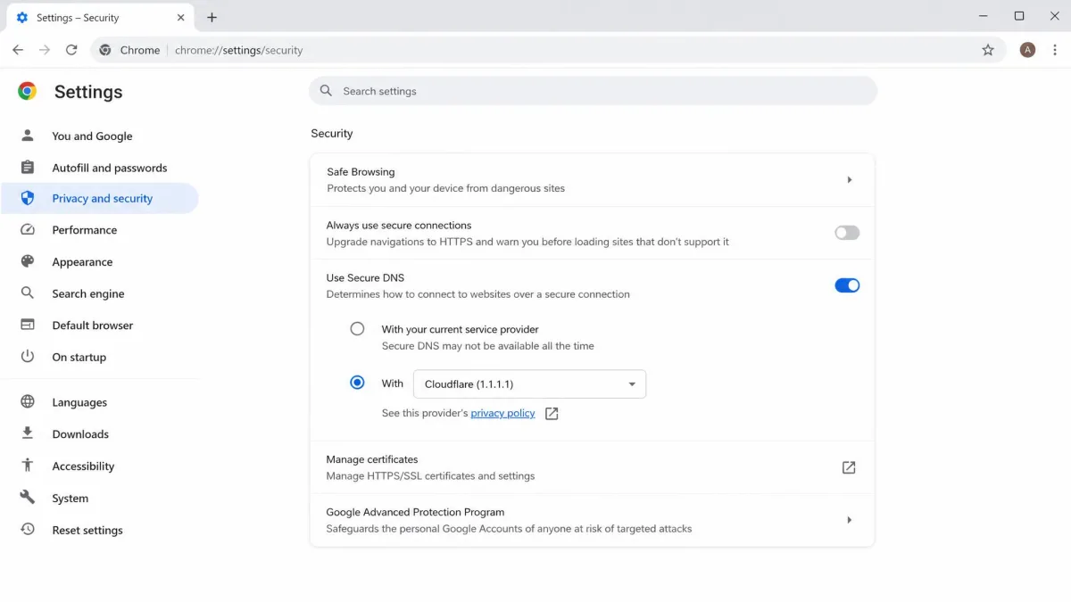 Chrome settings screen showing the Use Secure DNS toggle on with the Cloudflare 1.1.1.1 provider selected.