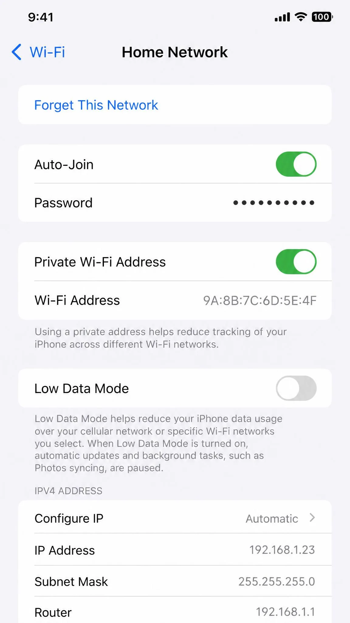 iPhone WiFi settings showing the Private Wi-Fi Address option enabled for a home network.