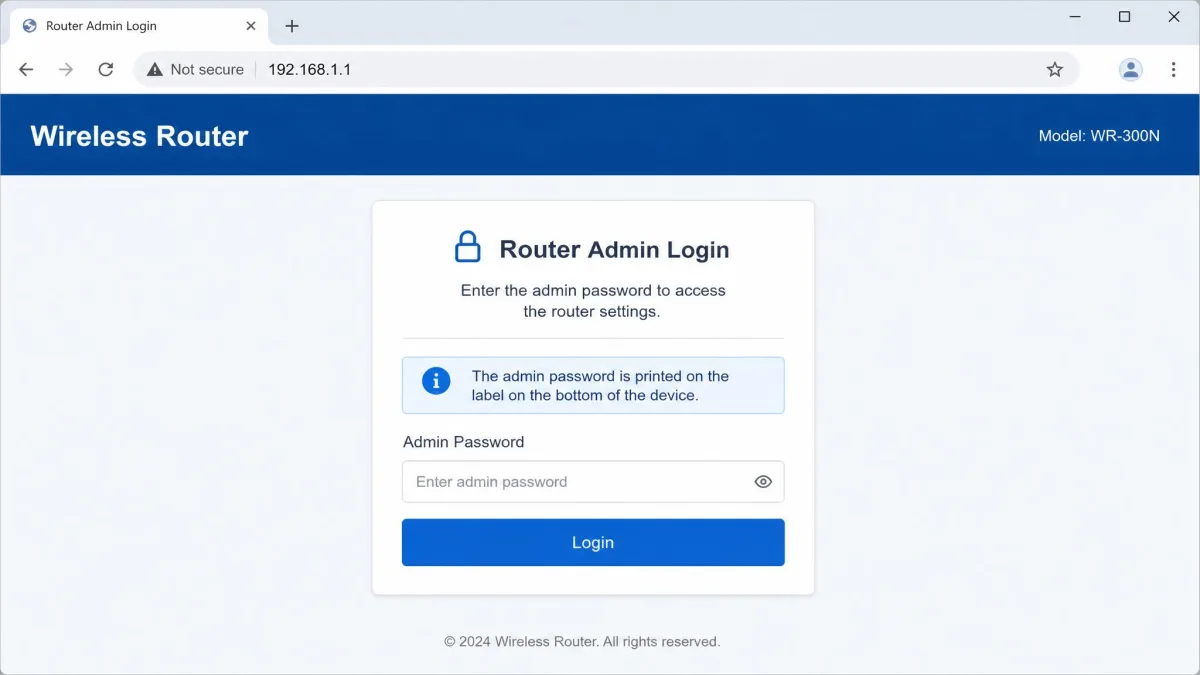 Router admin login page at 192.168.1.1 asking for the admin password printed on the device label.