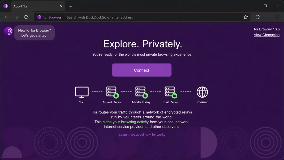 Tor Browser start page with the Connect button that routes traffic through encrypted relays to hide browsing from the local network.