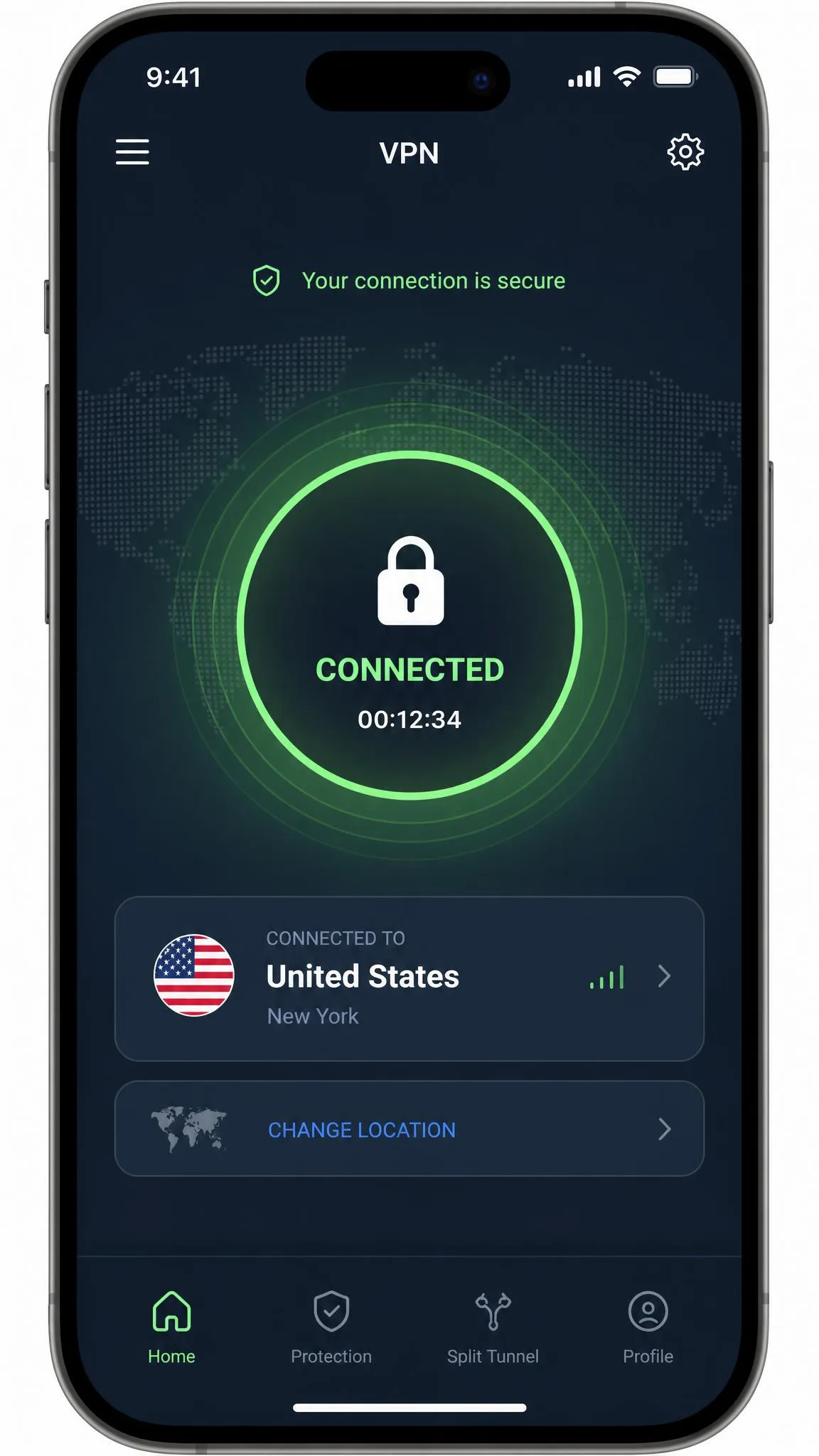 Smartphone VPN app showing a connected state with the tunnel active and the server location displayed.