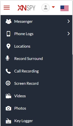 XNSPY spy app menu