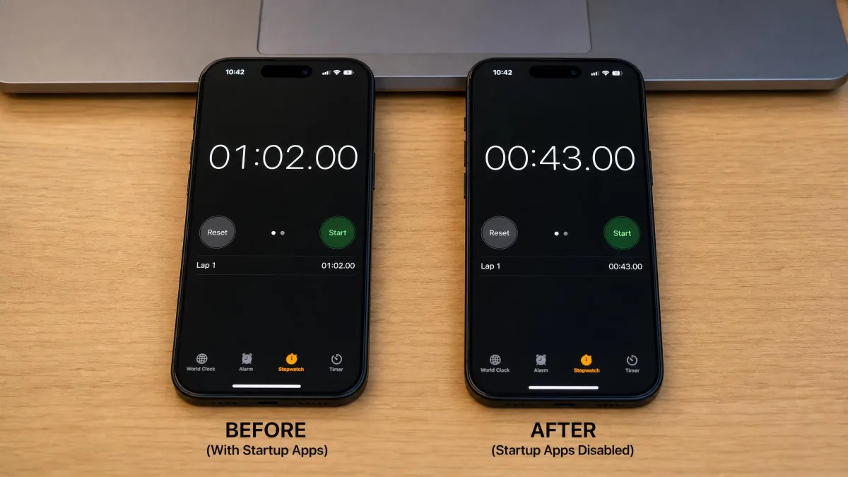Side by side stopwatch readouts on a desk beside a laptop, one showing 62 seconds and the other 43 seconds, illustrating boot time before and after disabling startup apps.  Only the phones are visible on the desk