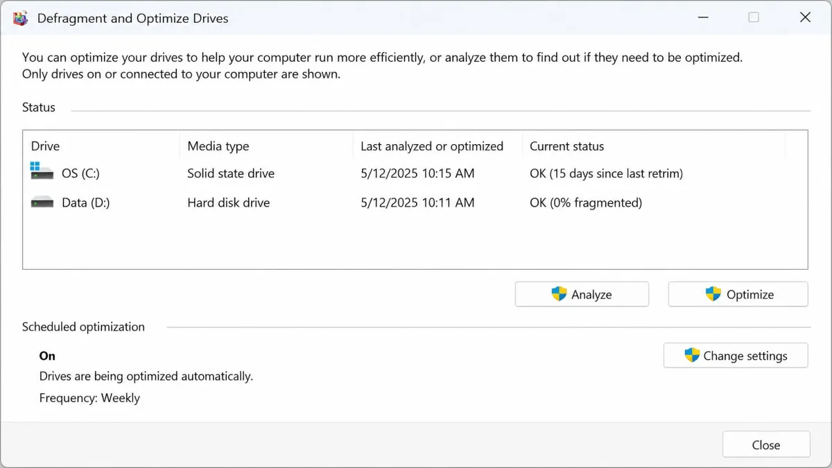 The Windows Defragment and Optimize Drives window showing a solid state drive listed with media type SSD and a mechanical drive scheduled for weekly optimization.