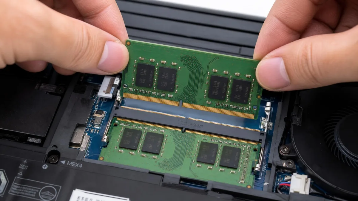 Close-up of two hands seating a memory module into the free slot of an opened laptop, with the existing module visible alongside it.