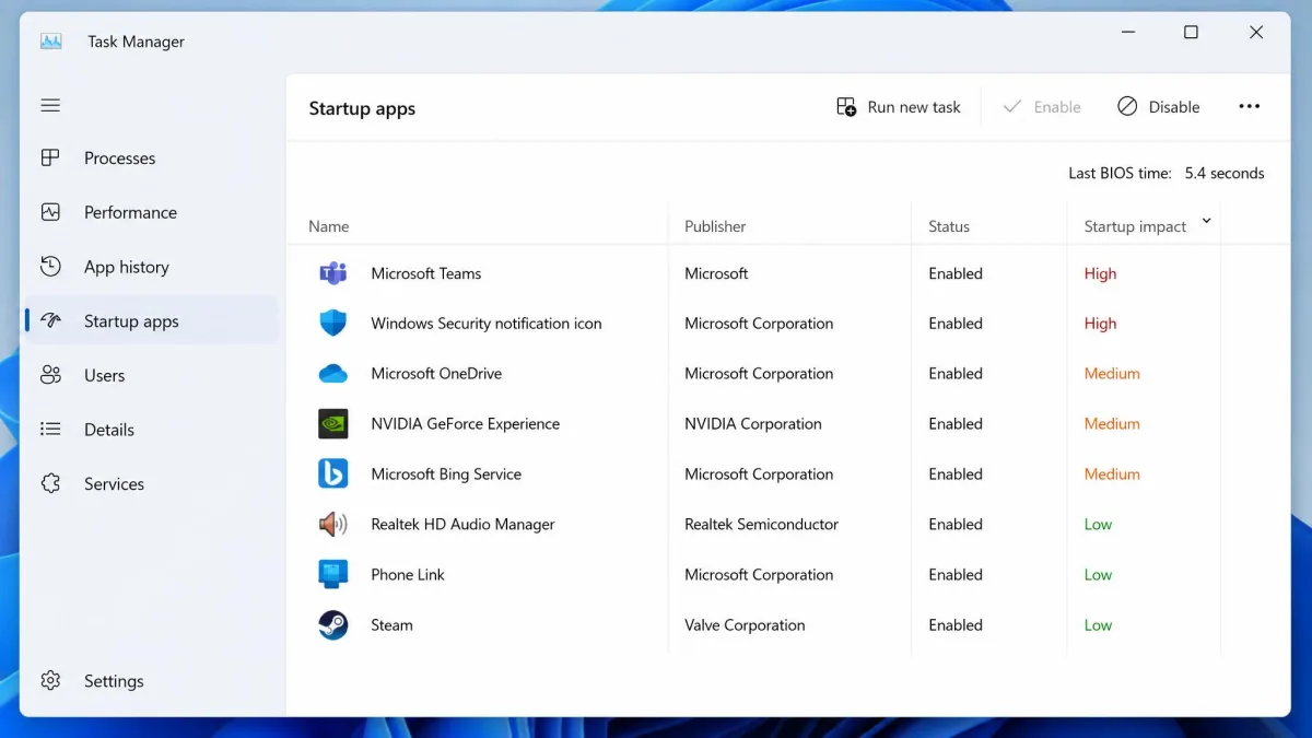 The Startup apps tab in Windows 11 Task Manager listing eight enabled programs with High, Medium and Low startup impact ratings beside them.