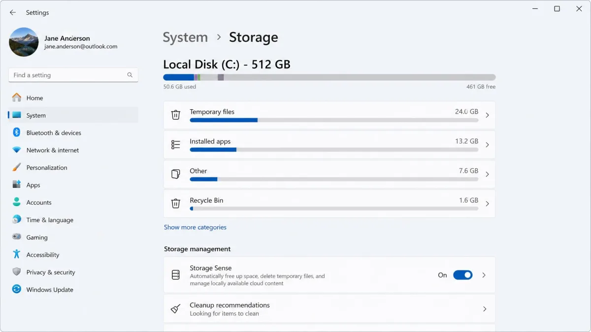 The Windows 11 Storage settings page with Storage Sense switched on and a breakdown bar showing temporary files taking 24 GB of a 512 GB drive.