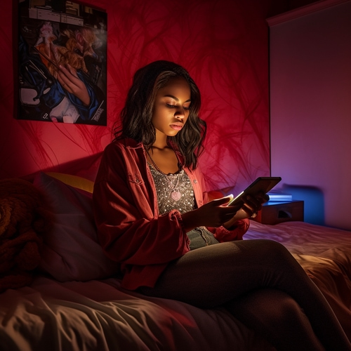 a woman sitting on a bed texting