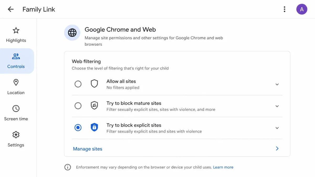 The Family Link app controls for Google Chrome and Web, with Try to block explicit sites selected.