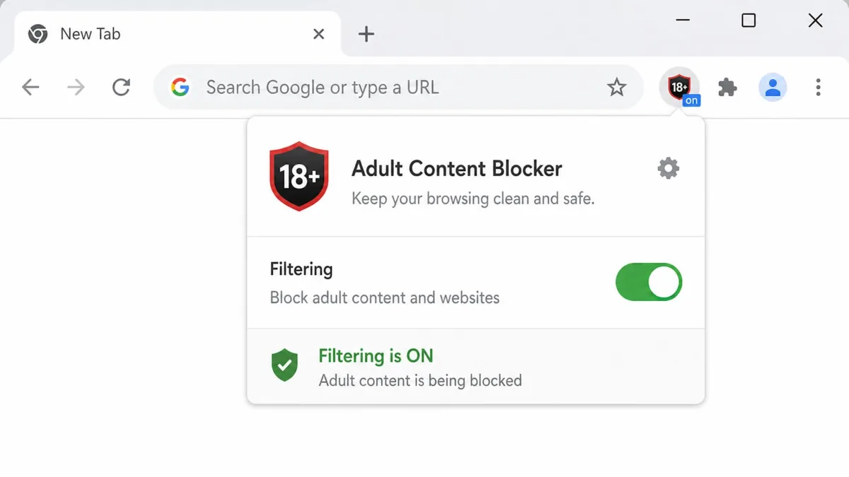 The Chrome toolbar with an adult-content blocker extension active and its filtering switch toggled on.