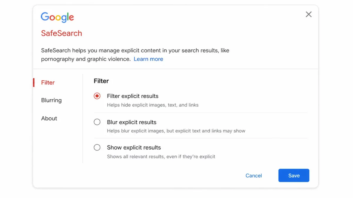 The Google SafeSearch settings panel with the Filter option selected and the three SafeSearch choices shown.