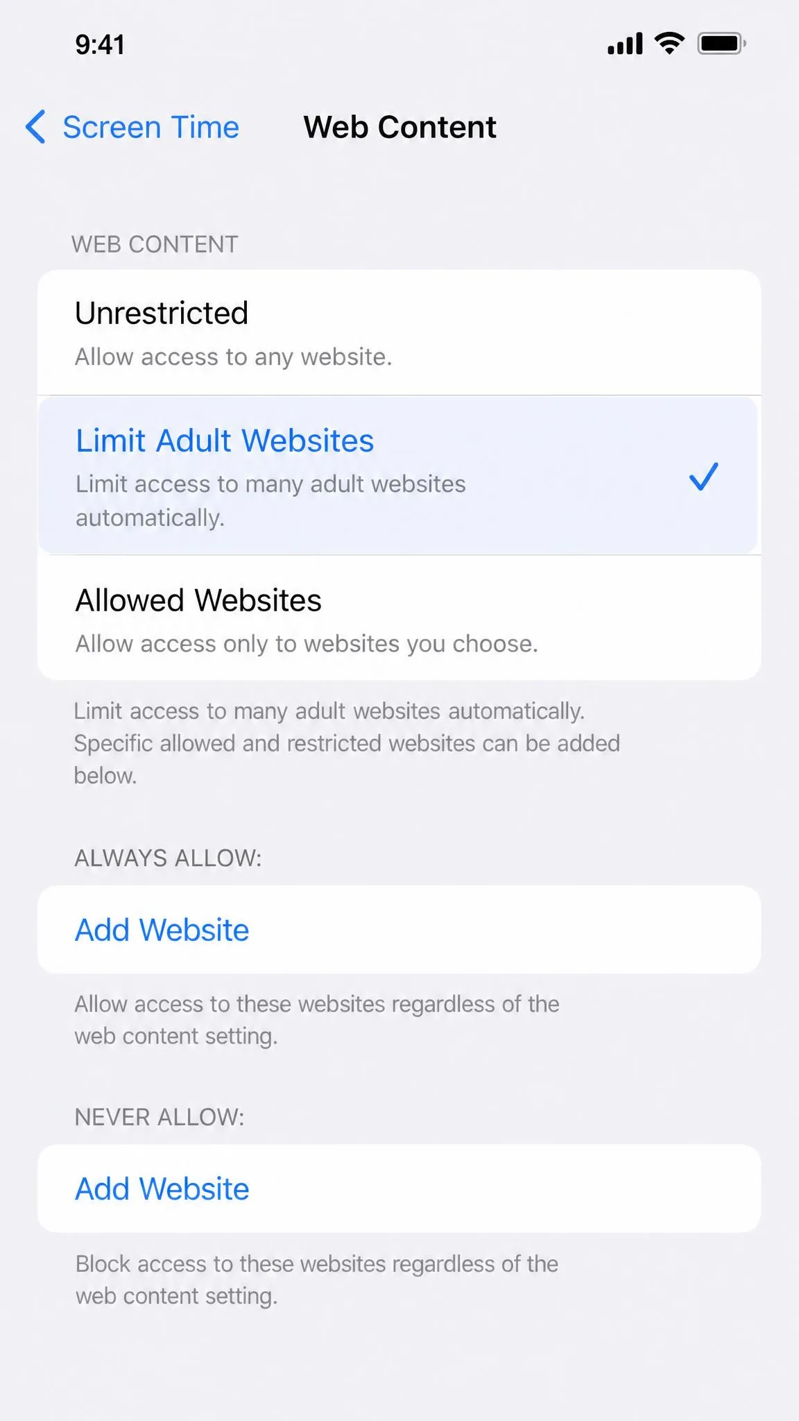 The Web Content screen inside Screen Time on an iPhone with Limit Adult Websites highlighted.