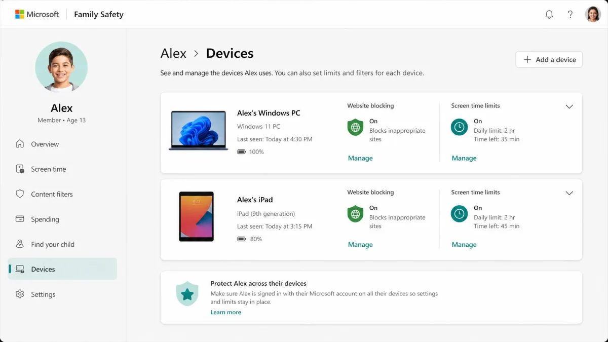 The Microsoft Family Safety dashboard listing a child's devices with website blocking and screen-time limits enabled.