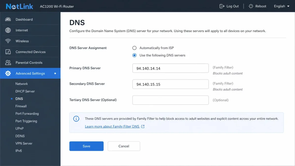 A router admin page with DNS server fields open, showing two family-filter addresses entered for network-wide adult-site blocking.