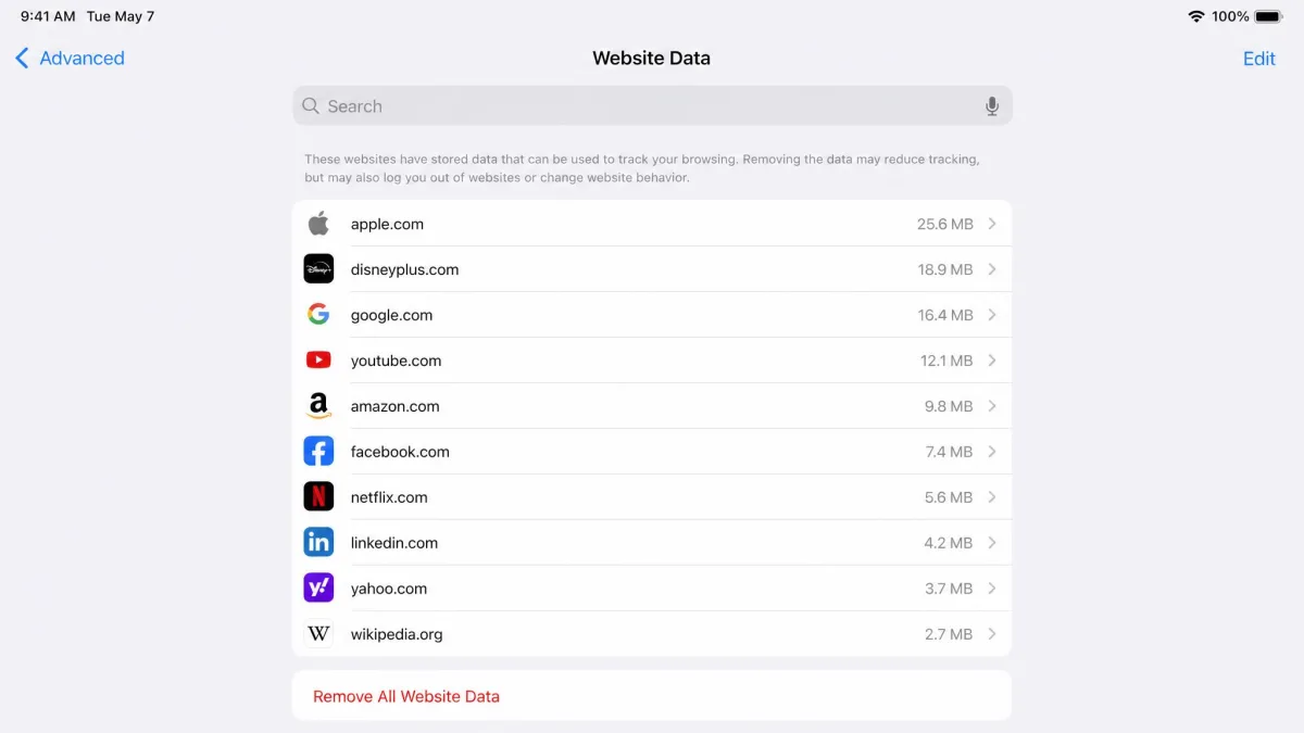 The Safari Advanced Website Data screen on iPad listing stored sites with their data sizes and a Remove All Website Data button below.