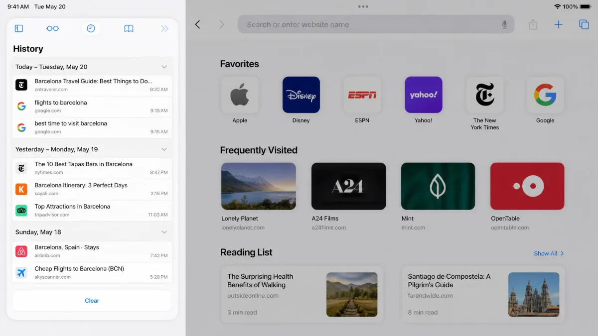 The Safari sidebar on iPad showing the History list with dated entries and the Clear button at the bottom of the panel.