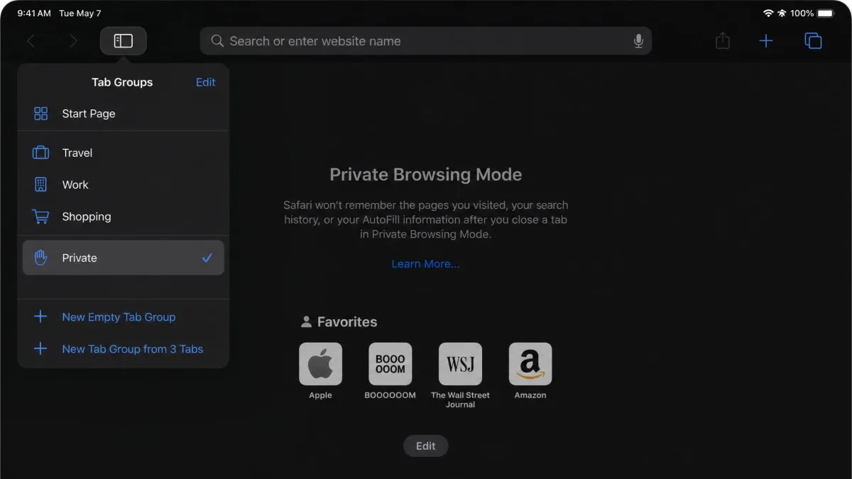 Safari on iPad with the tab group menu open and the Private option selected, showing the darkened private browsing interface behind it.